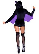 Female bat, costume romper, velvet, long sleeves, front zipper, wings, ears
